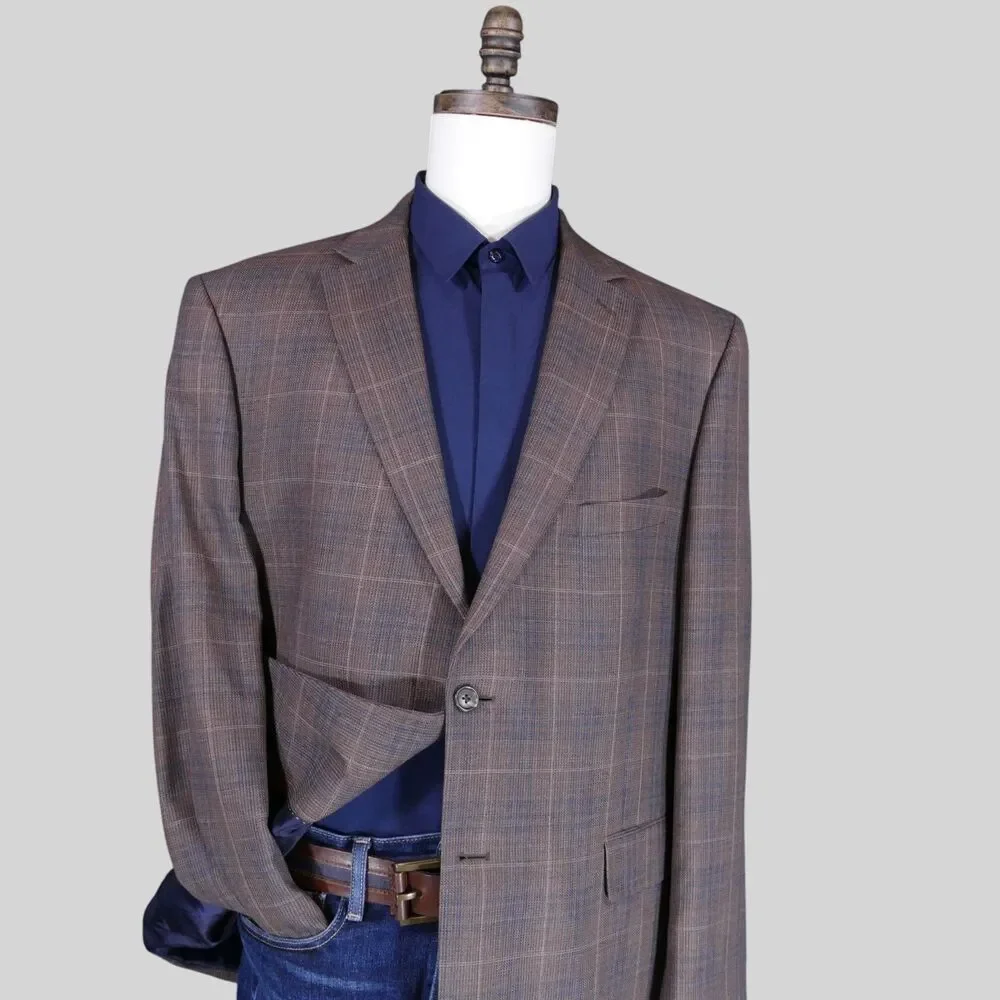 Jos A Bank Reserve Sport Coat Blazer Men 48R Tailored Brown Blue Plaid Wool Silk